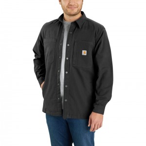 Black Men Carhartt Rugged Flex® Relaxed Fit Canvas Fleece-Lined Snap-Front Shirts | THR-896234