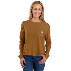 Brown Women Carhartt TENCEL™ Fiber Series Loose Fit Long-Sleeve Crewneck Pocket T-Shirt | KQJ-914632