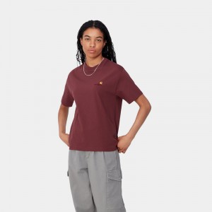 Burgundy Women Carhartt American Script T-Shirt | MKI-905271