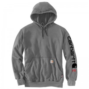 Dark Grey Men Carhartt Flame-Resistant Force® Loose Fit Midweight Hooded Logo Graphic Hoodie | BDI-794382