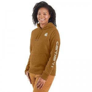 Dark Yellow Women Carhartt Relaxed Fit Midweight Logo Sleeve Graphic Hoodie | GKE-875369