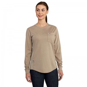 Khaki Women Carhartt Flame-Resistant Force Cotton Long-Sleeve Crewneck T-Shirt | OHC-736209