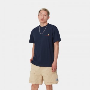 Navy Men Carhartt American Script T-Shirt | GPW-072348