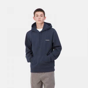 Navy Men Carhartt Hooded Script Embroidery Hoodie | BQD-536074