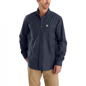 Navy Men Carhartt Rugged Flex® Relaxed Fit Midweight Canvas Long-Sleeve Shirts | RIV-532048