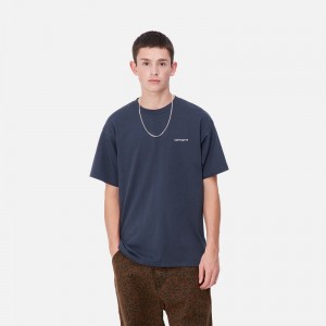 Navy Men Carhartt Script Embroidery T-Shirt | PKF-098325