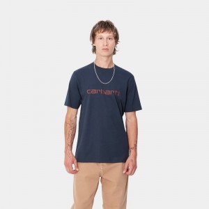 Navy Men Carhartt Script T-Shirt | AUB-859037