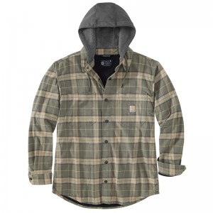 Olive Men Carhartt Rugged Flex® Relaxed Fit Flannel Fleece-Lined Hooded Shirt Jackets | ABH-364290