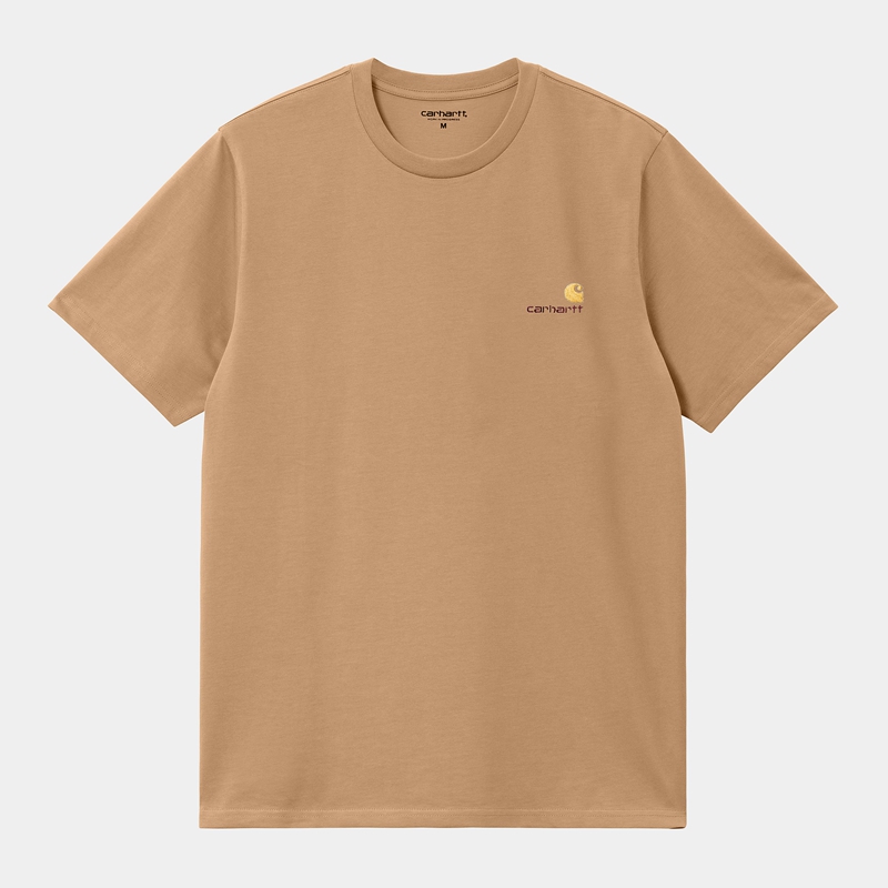 Beige Men Carhartt American Script T-Shirt | EGN-589306