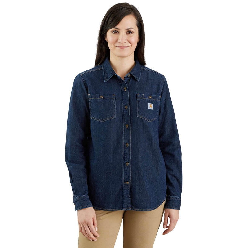 Blue Women Carhartt Relaxed Fit Midweight Denim Long-Sleeve Over Shirts | UMV-806357