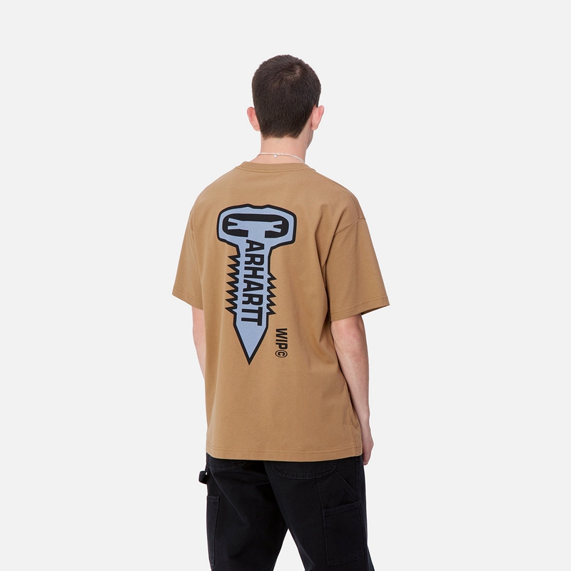 Brown Men Carhartt Cross Screw T-Shirt | KFY-402736