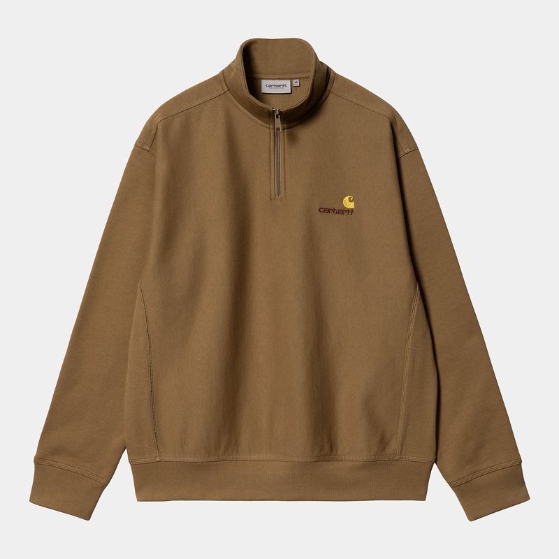 Brown Men Carhartt Half Zip American Script Sweatshirt | OYM-218469