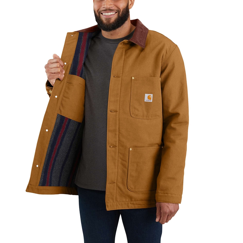 Brown Men Carhartt Loose Fit Firm Duck Blanket-Lined Chore Coats | AFV-058176