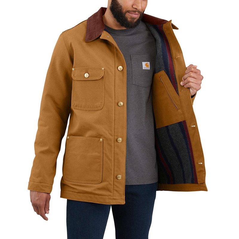 Brown Men Carhartt Loose Fit Firm Duck Blanket-Lined Chore Coats | AFV-058176