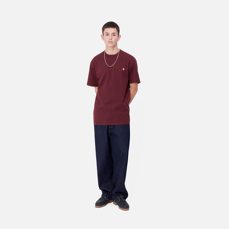 Burgundy Men Carhartt American Script T-Shirt | LPX-935417