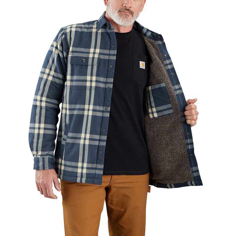 Dark Blue Men Carhartt Relaxed Fit Flannel Sherpa-Lined Shirt Jackets | BRE-587624