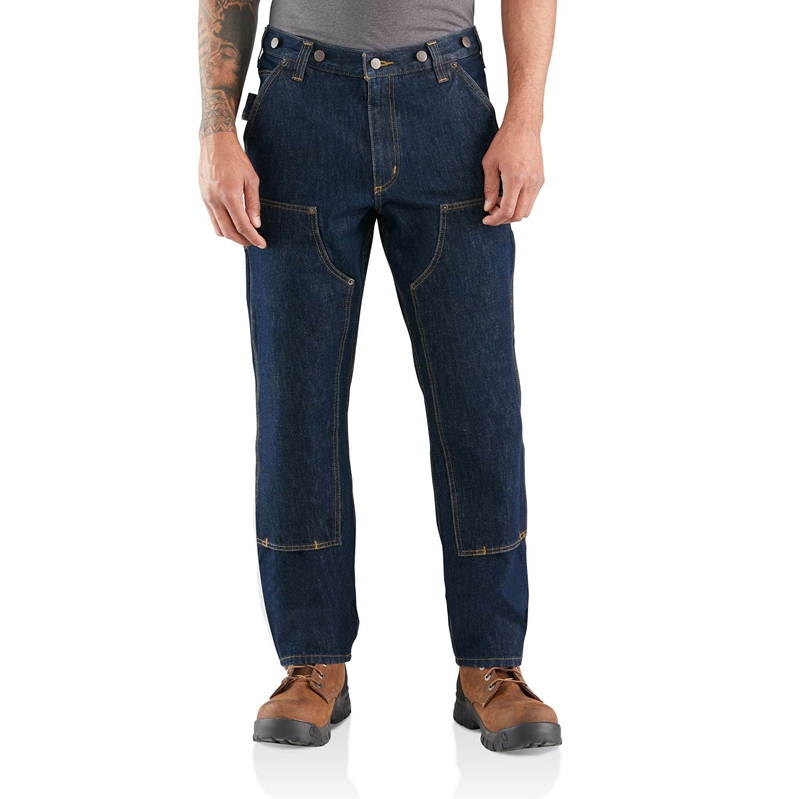 Dark Blue Men Carhartt Rugged Flex® Relaxed Fit Heavyweight Double-Front Utility Logger Jeans | EXD-093724