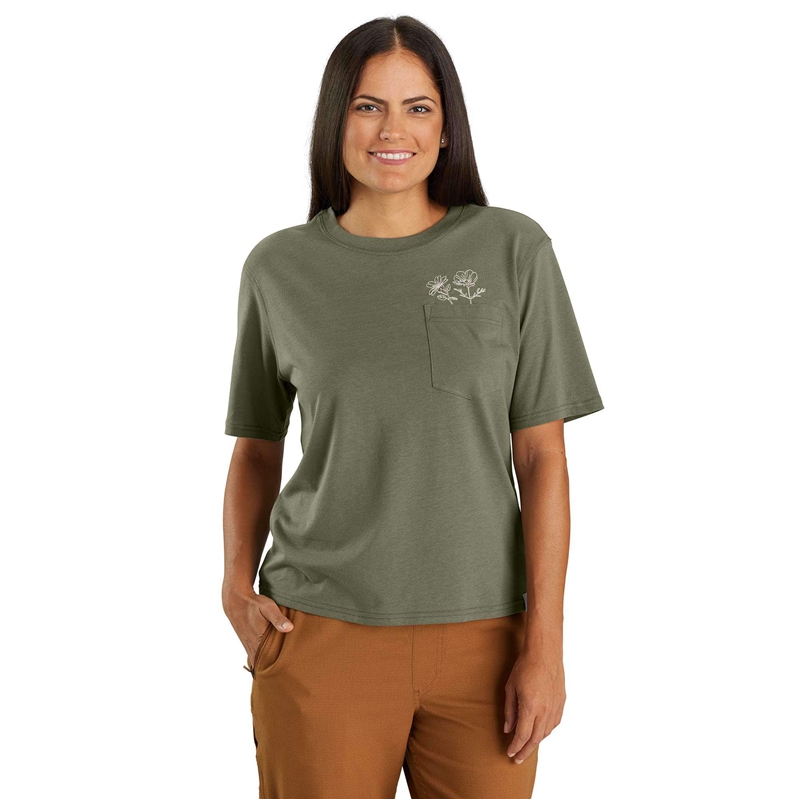 Green Women Carhartt TENCEL™ Fiber Series Loose Fit-Sleeve Flower Pocket T-Shirt | IKA-852934