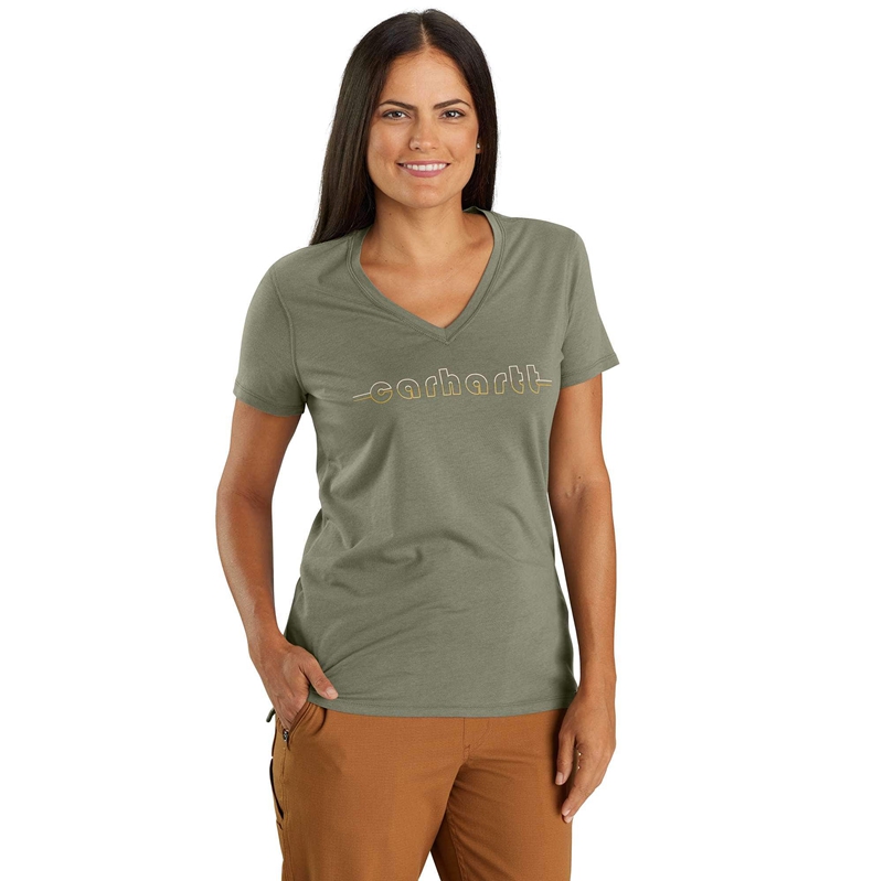 Green Women Carhartt TENCEL™ Fiber Series Relaxed Fit-Sleeve V-Neck Graphic T-Shirt | WGS-638051