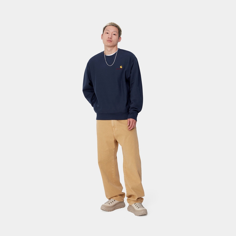 Navy Men Carhartt American Script Sweatshirt | OAE-651729