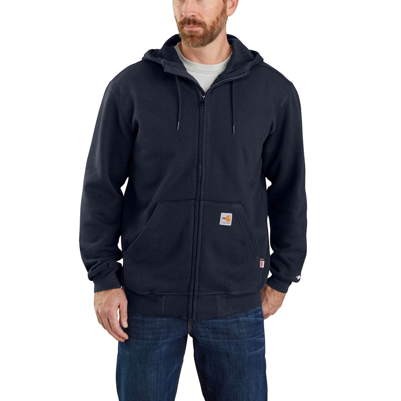 Navy Men Carhartt Flame-Resistant Force® Loose Fit Midweight Hooded Zip Front Sweatshirt | QDI-687243