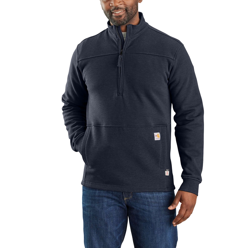 Navy Men Carhartt Flame-Resistant Rain Defender® Relaxed Fit Mock-Neck Fleece Pullover | GMY-187604