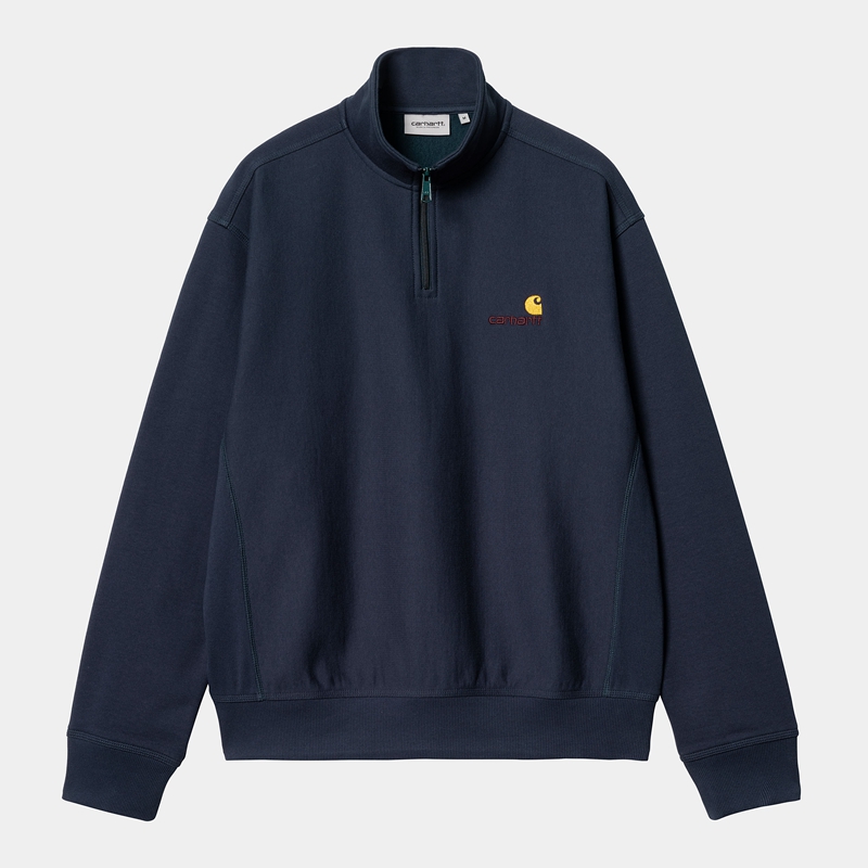 Navy Men Carhartt Half Zip American Script Sweatshirt | ADU-470659