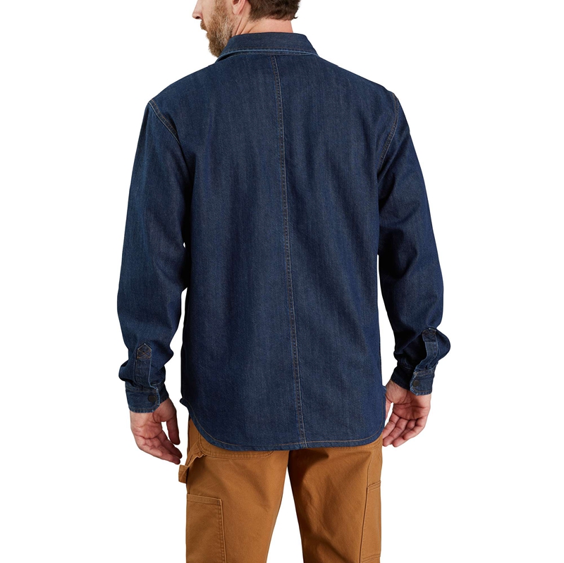 Navy Men Carhartt Relaxed Fit Denim Fleece Lined Snap-Front Shirt Jackets | YHW-458710