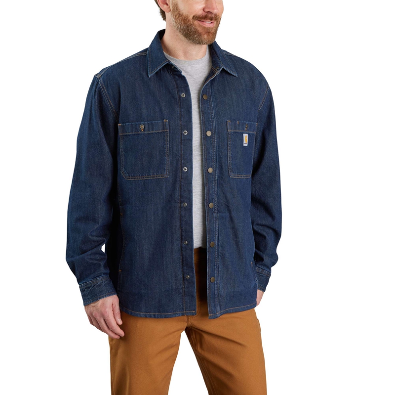 Navy Men Carhartt Relaxed Fit Denim Fleece Lined Snap-Front Shirt Jackets | YHW-458710