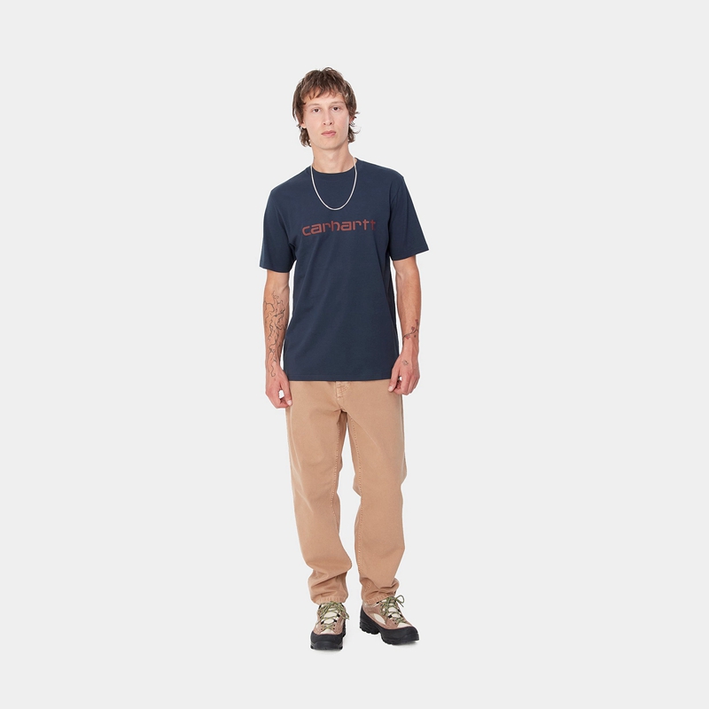 Navy Men Carhartt Script T-Shirt | AUB-859037