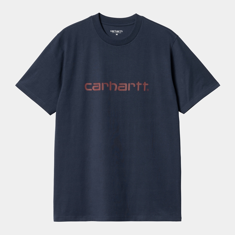 Navy Men Carhartt Script T-Shirt | AUB-859037