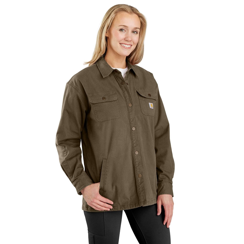 Olive Women Carhartt Rugged Flex® Loose Fit Canvas Fleece-Lined Shirt Jackets | DPF-759013