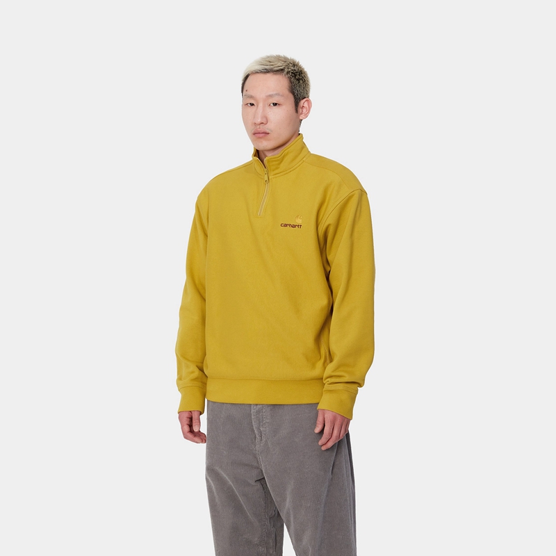 Yellow Men Carhartt Half Zip American Script Sweatshirt | MRT-725613