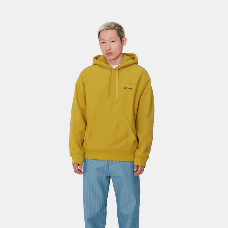 Yellow Men Carhartt Hooded American Script Hoodie | BPQ-130956